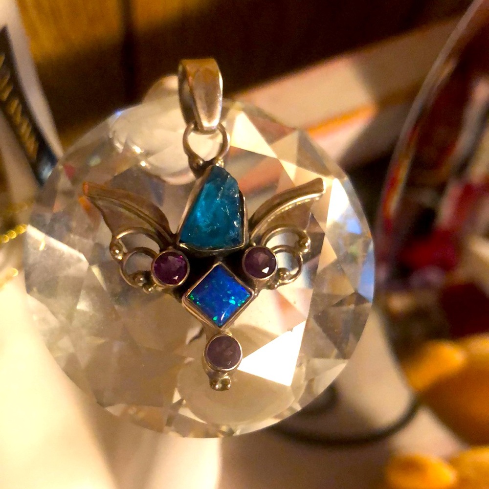 Beautiful Sterling Silver Lab Created Opal with a druzy stone & Amethyst Pendant